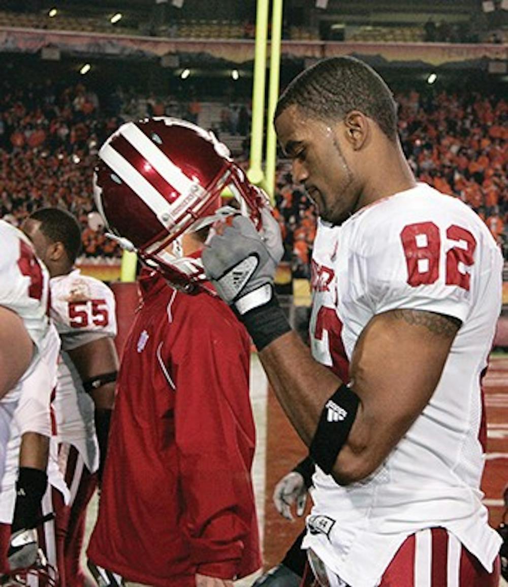 Jay Seawell IDS
Junior wide receiver James Hardy walks off the field of Sun Devil Stadium following IU's 49-33 loss to Oklahoma State in the 2007 Insight Bowl December 31 in Tempe, Ariz.  The bowl game, IU's first in 14 years, was Hardy's last game as a Hoosier; the wide receiver declared for the NFL draft Friday, January 4. 