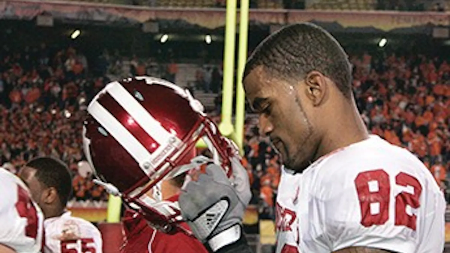 Jay Seawell IDS
Junior wide receiver James Hardy walks off the field of Sun Devil Stadium following IU's 49-33 loss to Oklahoma State in the 2007 Insight Bowl December 31 in Tempe, Ariz. The bowl game, IU's first in 14 years, was Hardy's last game as a Hoosier; the wide receiver declared for the NFL draft Friday, January 4.