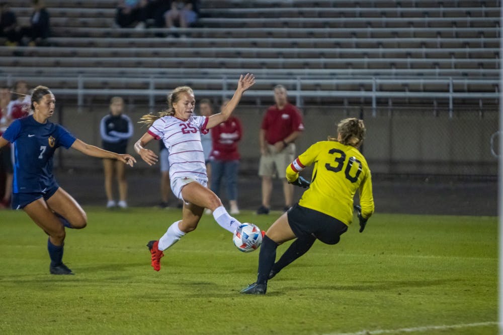 <p>Junior midfielder Paige Webber scores the third goal of the game Sept. 9, 2021, at Bill Armstrong Stadium. Indiana beat Murray State University 4-0. </p>