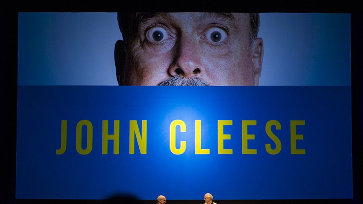 IU President Michael McRobbie greets John Cleese on Sunday afternoon at the IU Auditorium. John Cleese was a member of Monty Python, one of the most prolific comedy groups in history.