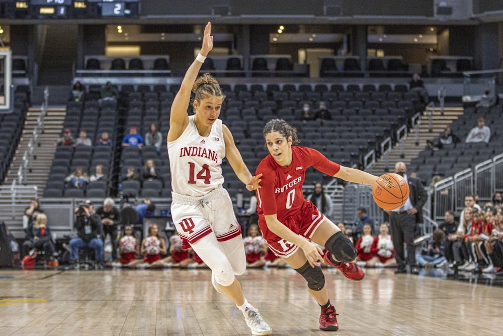 <p>Graduate guard Ali Patberg defends a driving Rutgers player on March 3, 2022, at Gainbridge Fieldhouse in Indianapolis. Indiana will play Maryland on Friday in Indianapolis. </p>
