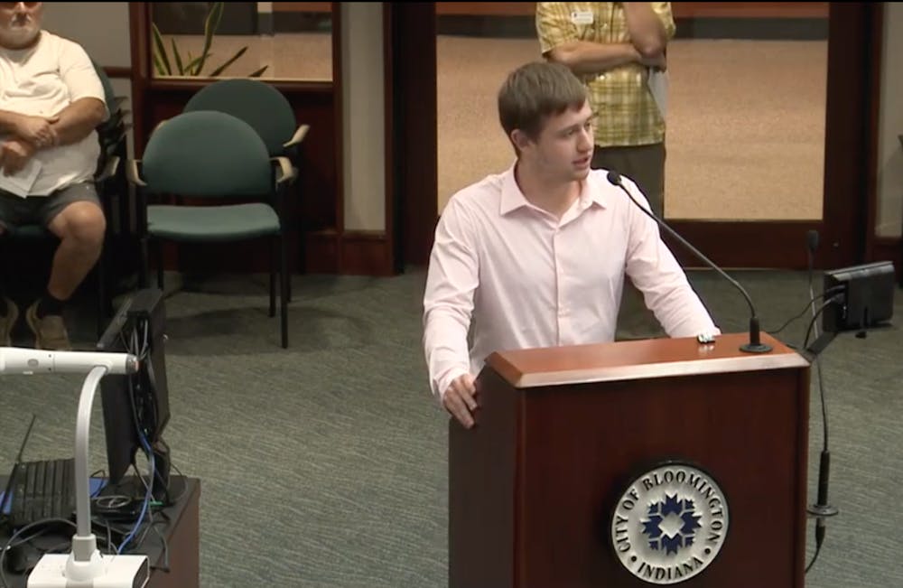 <p>IU student and Bloomington City Council candidate David Wolfe Bender ﻿speaks during public comment at a July 2022 city council meeting. Bender is running for city council in District 6.</p>