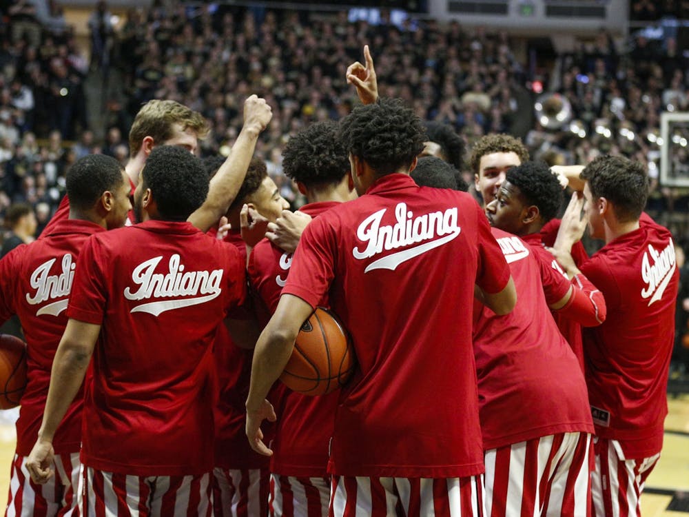 The IU men&#x27;s basketball team gathers together for a pep talk before playing the Purdue on Feb. 27 at Mackey Arena in West Lafayette, Indiana.
