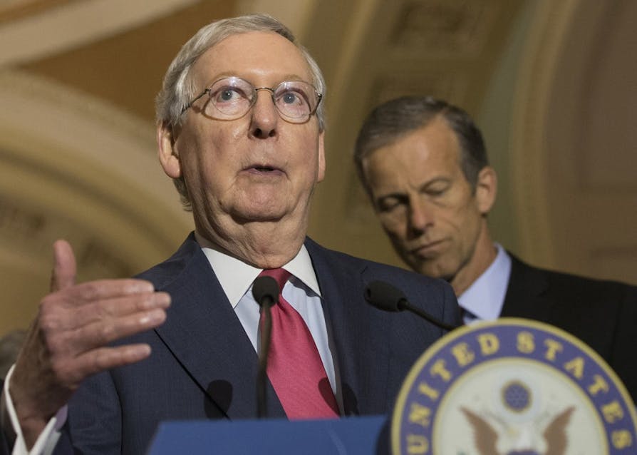 Senate Republican Leader Mitch McConnell (R-KY) defends President Trump's sharing of classified intelligence with Russian officials during a press conference on Capitol Hill on May 16, 2017 in Washington, D.C. McConnell has joined other Republicans backing proposed legislation to bolster the background-check system intended to prevent criminals from buying guns, said Sen. Chris Murphy, a Democratic sponsor of the bill. 