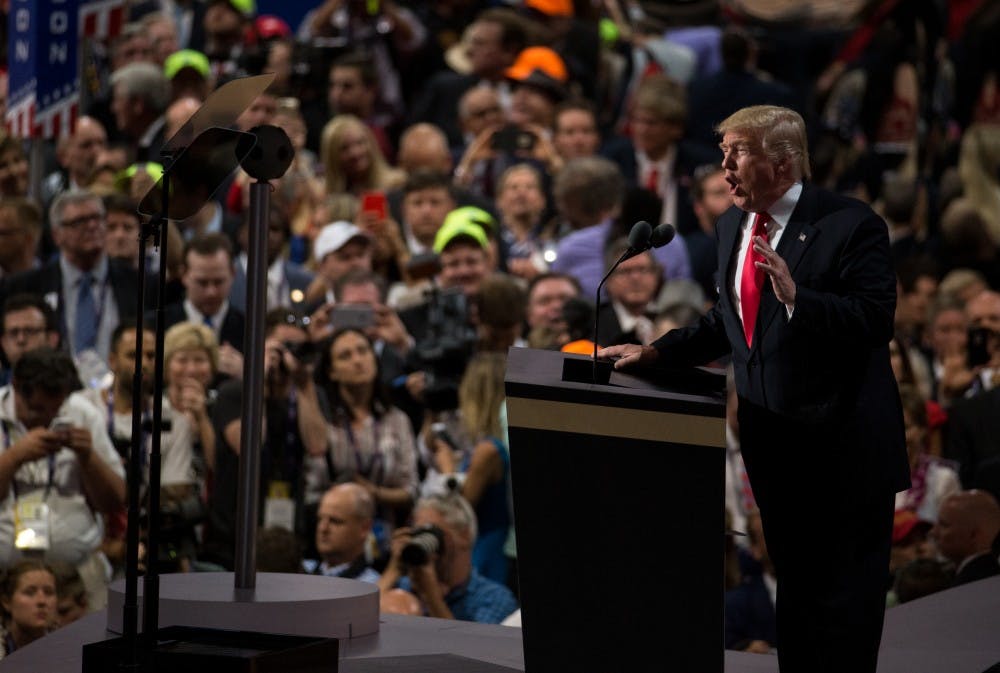 Republican presidential nominee Donald Trump speaks to the audience Thursday evening at the Quicken Loans Arena in Cleaveland, Ohio  during his speech accpeting the Republican presidential nomination.