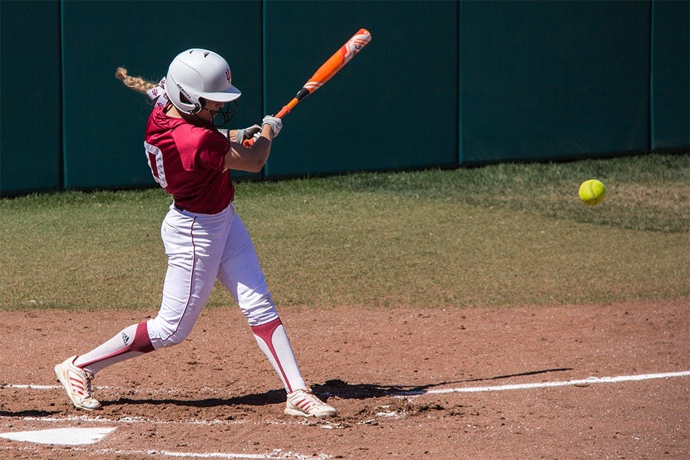 Freshman Sarah Galovich swings at a pitch on Saturday in a 9-3 win against University of Iowa at Andy Mohr Field.