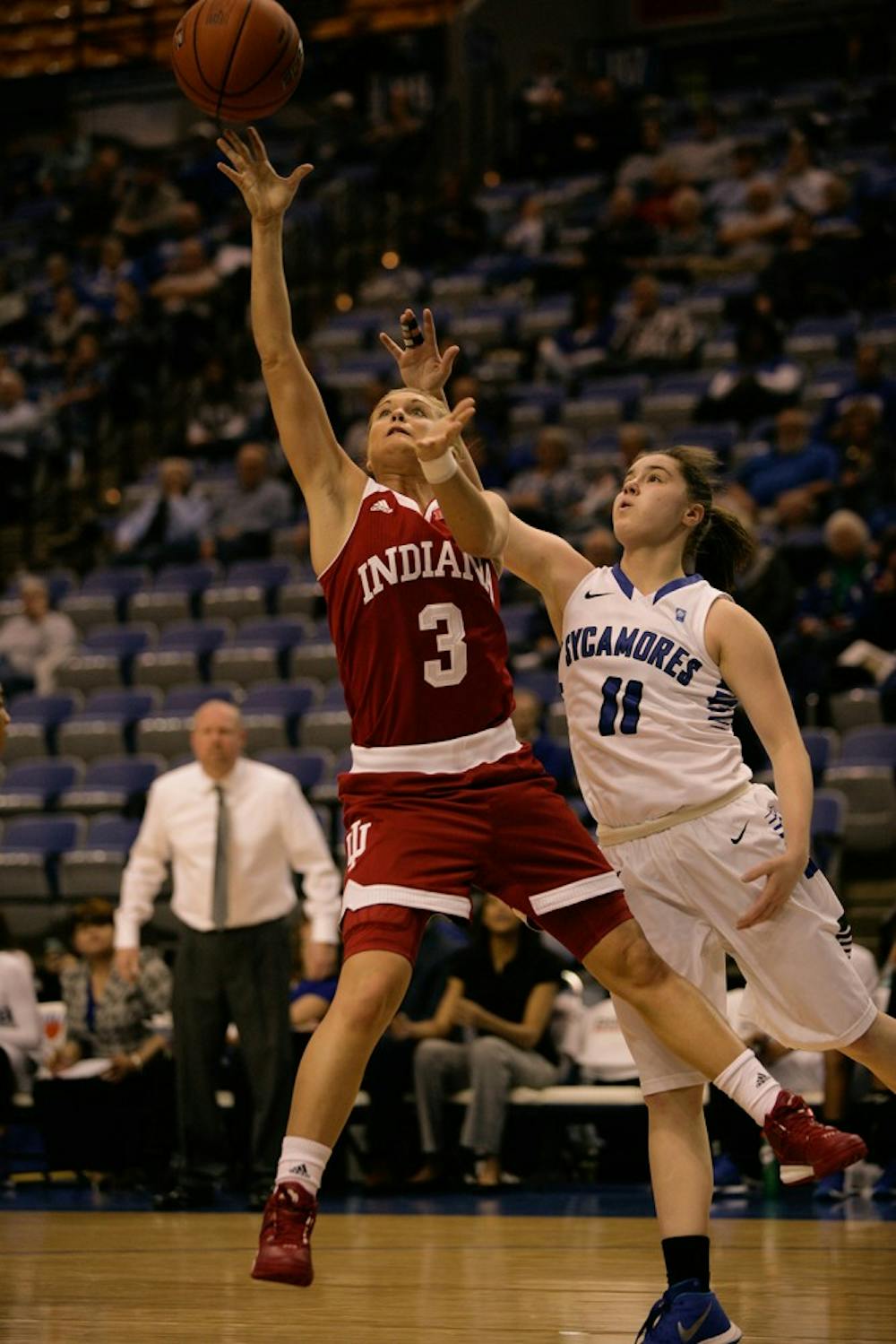 Sophomore guard Tyra Buss goes for a layup against Indiana State. Buss led the Hoosiers in scoring with 15 points put up against the Sycamores to secure a 53-50 victory for IU. 