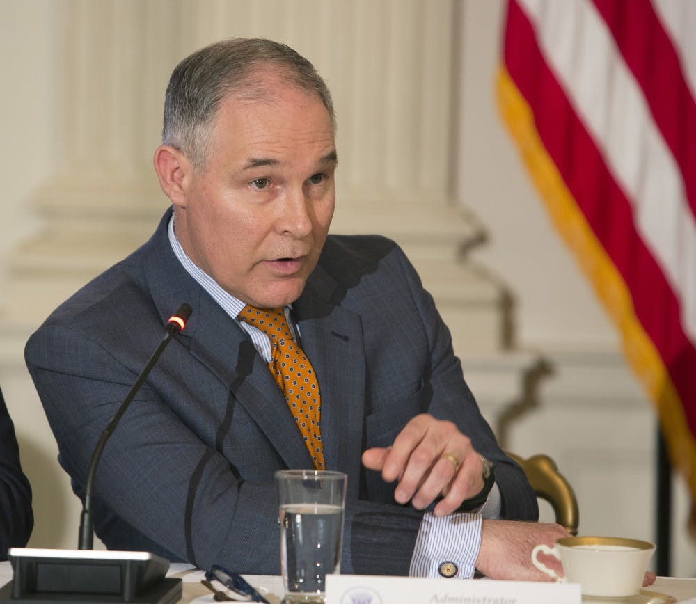 <p>Former Environmental Protection Agency Administrator Scott Pruitt participates in a meeting with state and local officials regarding the Trump infrastructure plan on Feb. 12 at the White House in Washington, D.C.</p>