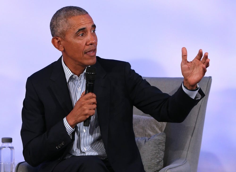 Former President Barack Obama speaks Oct. 29 during the closing session of the 2019 Obama Foundation Summit meeting at the Kaplan Institute at the Illinois Institute of Technology in Chicago.