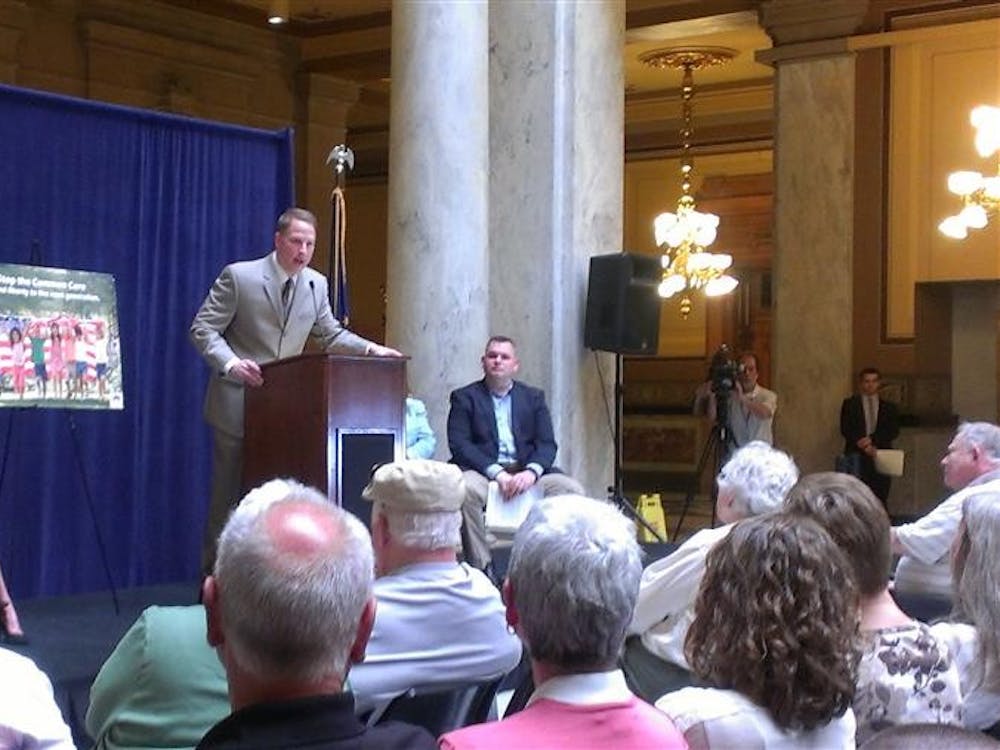 Terrence Moore speaks during a rally against the adoption of the new proposed Indiana Academic Standards at the Indiana Statehouse on Monday. Moore is a professor at Hillsdale College and was the keynote speaker. 