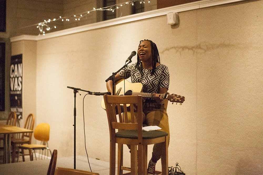 Mayu Mi Veda perfoms a cover of "Hotline Bling" at IMU Starbucks to students as part of the Live From Bloomington Presents Event. 