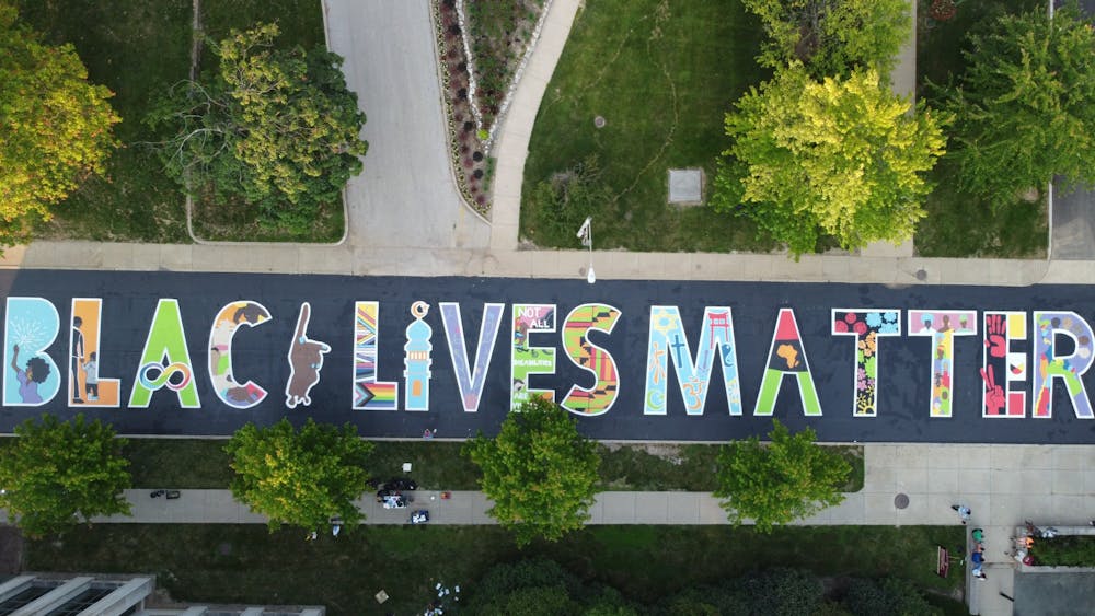 <p>A Black Lives Matter mural is seen July 5, 2021, on Eagleson Avenue outside the Neal-Marshall Black Culture Center. The City of Bloomington rejected a request for an &quot;All Lives Matter&quot; mural to be painted downtown.</p>