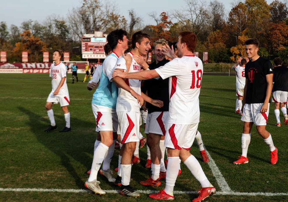 <p>Then-sophomore defender Joey Maher celebrates after his game-winning goal against Northwestern Nov. 10, 2021, at Bill Armstrong Stadium. Indiana won against the University of Maryland 2-1 during the Big Ten Tournament on Nov. 9.</p>