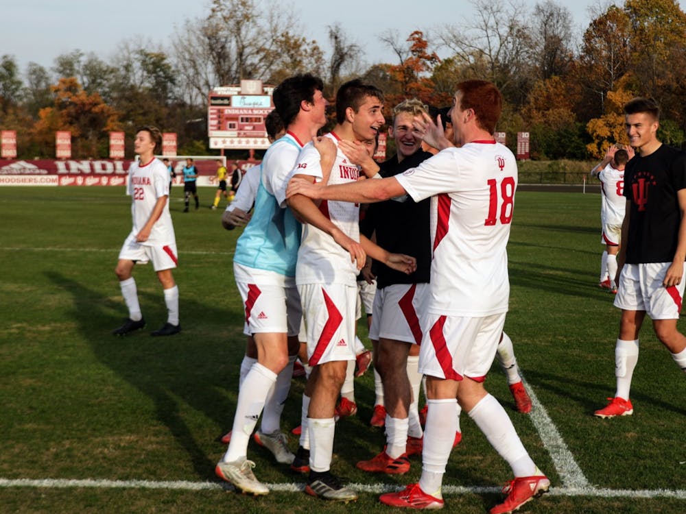 Then-sophomore defender Joey Maher celebrates after his game-winning goal against Northwestern Nov. 10, 2021, at Bill Armstrong Stadium. Indiana won against the University of Maryland 2-1 during the Big Ten Tournament on Nov. 9.