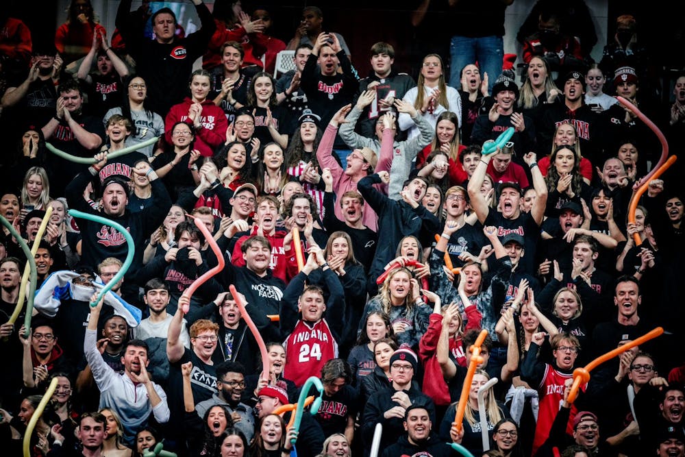 <p>The Indiana student section celebrates after a foul call Jan. 26, 2023, at Simon Skjodt Assembly Hall in Bloomington. The Hoosiers will be featured on College Gameday for the first time against the Hawkeyes.</p>