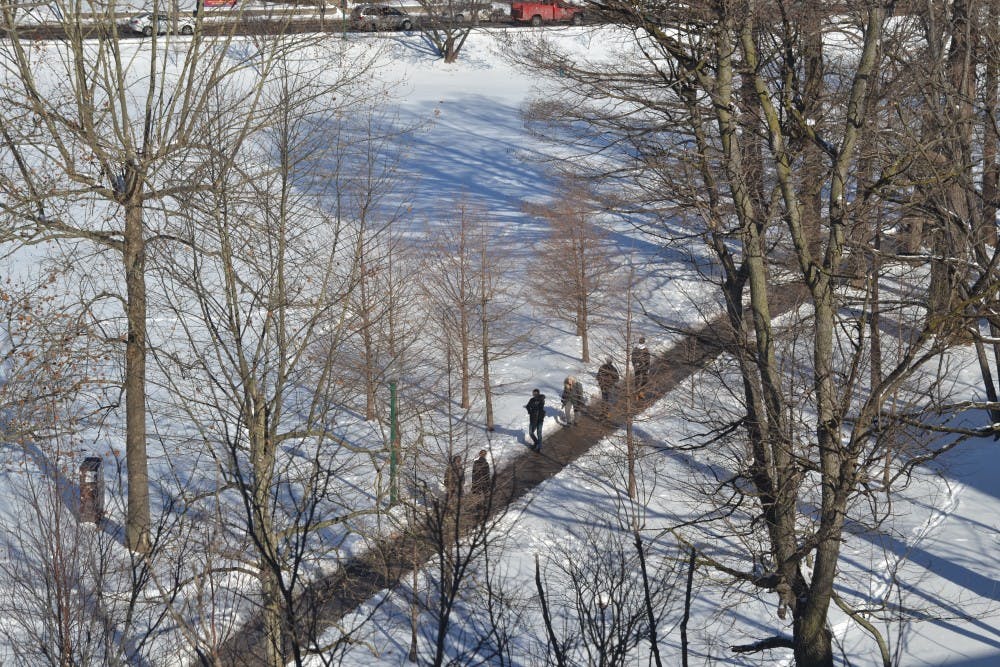 Students walk around campus Thursday through the snow and ice that still clings to the ground. Since 1908, IU has only closed campus 12 times. Eight closures were caused by bad weather.