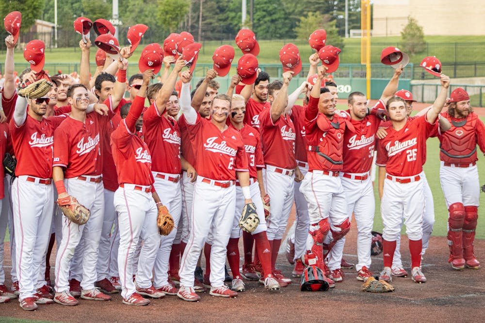 <p>The IU baseball team salutes the fans for the last home game of the season on May 24, 2021. Indiana will face Maryland in the first round of the Big Ten Tournament on May 25. </p>