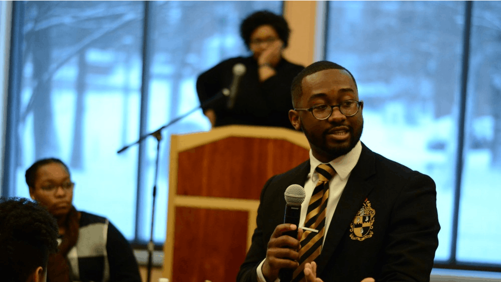 Senior Calvin Sanders discusses diversity at the Martin Luther King Jr. Day Unity Summit. The summit was put on Monday at the Neal-Marshall Black Culture Center.