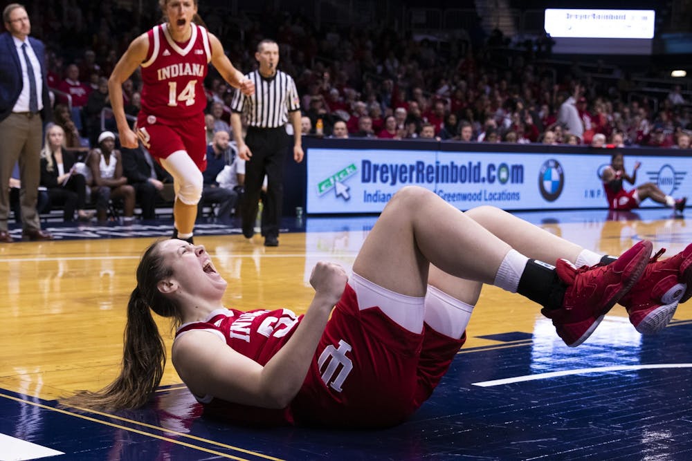 <p>Freshman Mackenzie Holmes shouts after drawing a foul and scoring a basket Dec. 11 at Hinkle Fieldhouse in Indianapolis. IU will play Maryland at 8 p.m Thursday at home.</p>