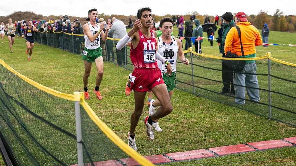 IU senior Arjun Jha runs during NCAA Great Lakes Regional on Nov. 12, 2021, in Evansville, Indiana. Arjun Jha&#x27;s ninth-place finish at the NCAA Great Lakes Regional earned him All-Region honors and a spot in Saturday’s NCAA Cross Country Championships at the Apalachee Regional Park in Tallahassee, Florida.
