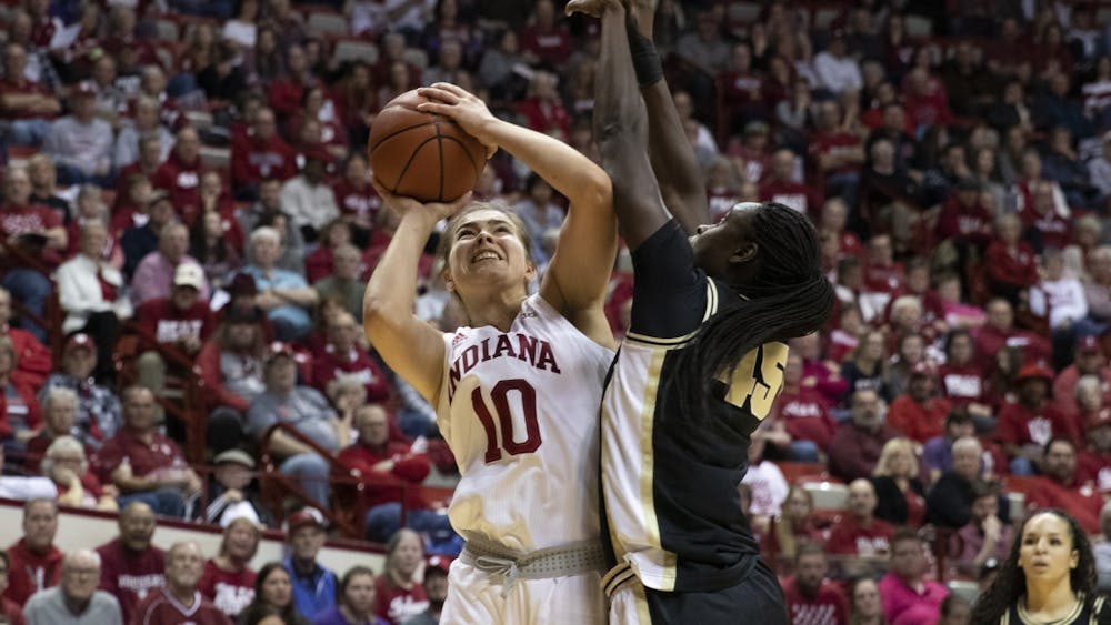 Sophomore Aleksa Gulbe attempts a shot Jan. 9 against Purdue in Simon Skjodt Assembly Hall. Gulbe led the No. 12 Hoosiers with eight rebounds in the victory over the Boilermakers.