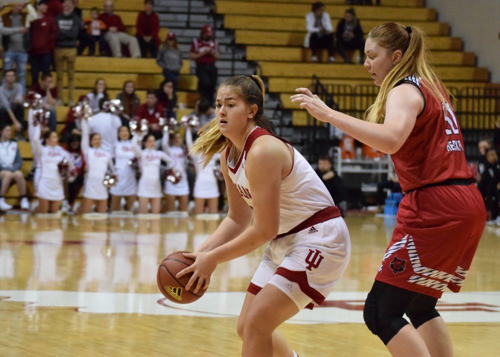 Freshman Center Linsey Marchese looks for a teammate to throw the ball to during the women's basketball game against Arkansas State. IU opened the 2017-18 season with a 93-51win against Arkansas State at Simon Skjodt Assembly Hall.