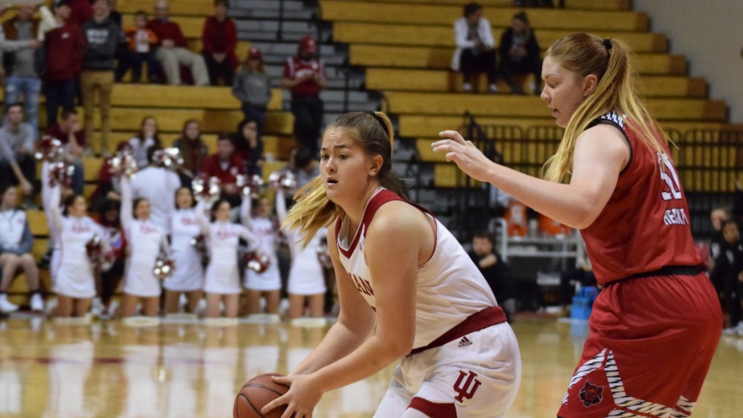 Freshman Center Linsey Marchese looks for a teammate to throw the ball to during the women's basketball game against Arkansas State. IU opened the 2017-18 season with a 93-51win against Arkansas State at Simon Skjodt Assembly Hall.