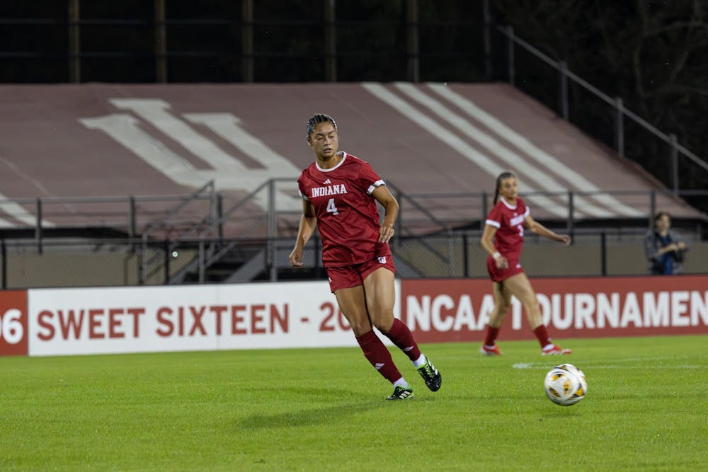 Senior defender Olivia Albert passes the ball during the Hoosiers game against Washington Sept. 25, 2025, at Bill Armstrong Stadium in Bloomington. Albert had one attempted shot during the game.