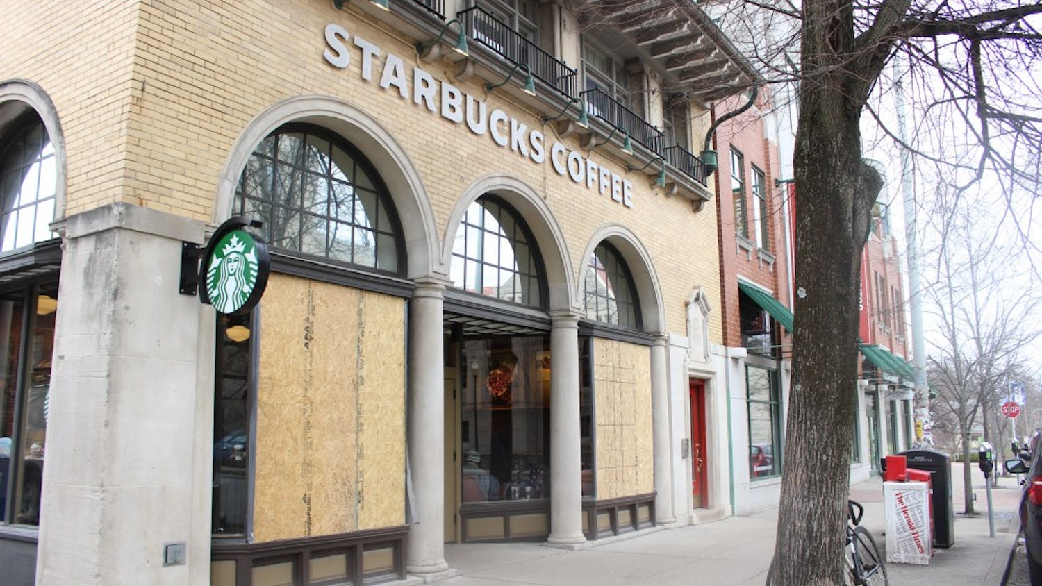 The Starbucks on Indiana Avenue has boarded up windows after rocks were thrown through the window on Sunday evening. Since surveillance cameras were not working at the time, the Bloomington Police Department has no leads.&nbsp;