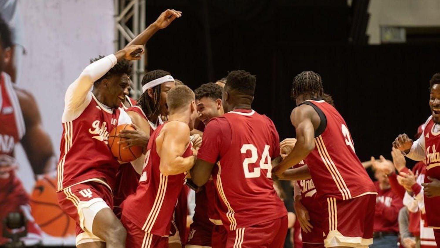 Indiana men's basketball team members celebrate with senior guard Anthony Leal during Hoosier Hysteria on Oct. 20, 2023, in Simon Skjodt Assembly Hall. Indiana men's and women's basketball will hold the 2024 iteration of Hoosier Hysteria on Oct. 18.