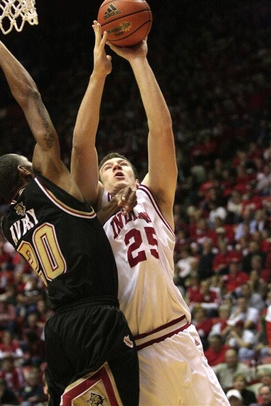 IU freshman forward Tom Pritchard goes up for a shot during the first half of IU's game against IUPUI on Tuesday at Assembly Hall.