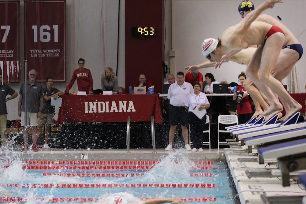 <p>Swimmers in the men&#x27;s 400 free relay kick off their starting blocks Nov. 2 at the Counsilman-Billingsley Aquatics Center. The IU men&#x27;s swimming team will compete in Knoxville, Tennessee, this weekend, while the diving team will compete in Indianapolis.</p>