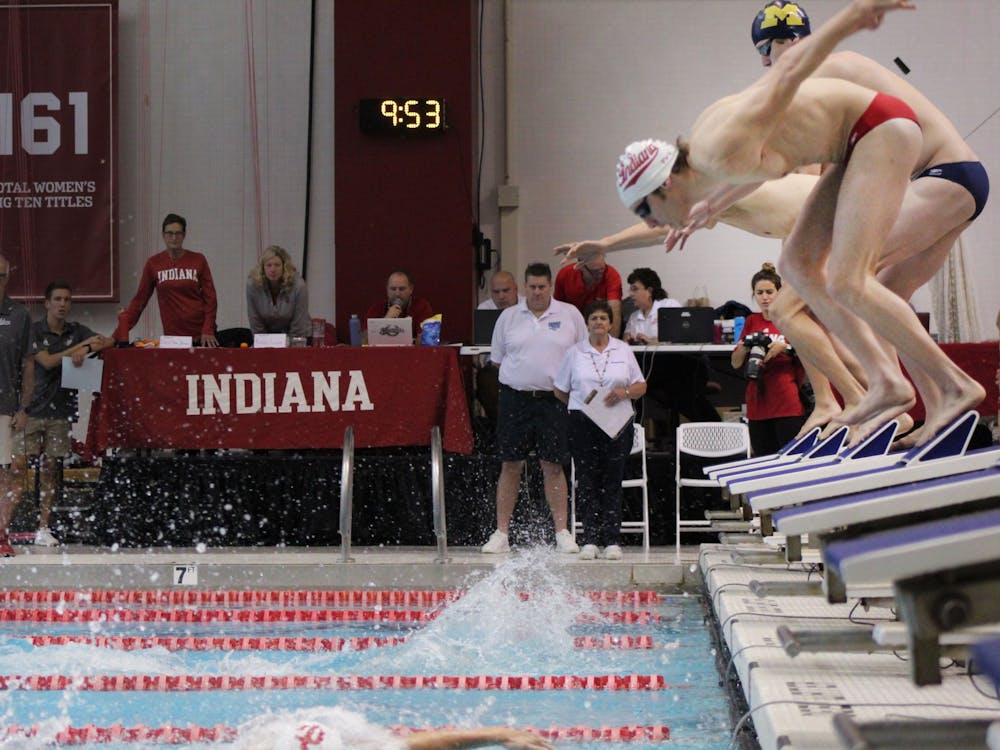 Swimmers in the men&#x27;s 400 free relay kick off their starting blocks Nov. 2 at the Counsilman-Billingsley Aquatics Center. The IU men&#x27;s swimming team will compete in Knoxville, Tennessee, this weekend, while the diving team will compete in Indianapolis.