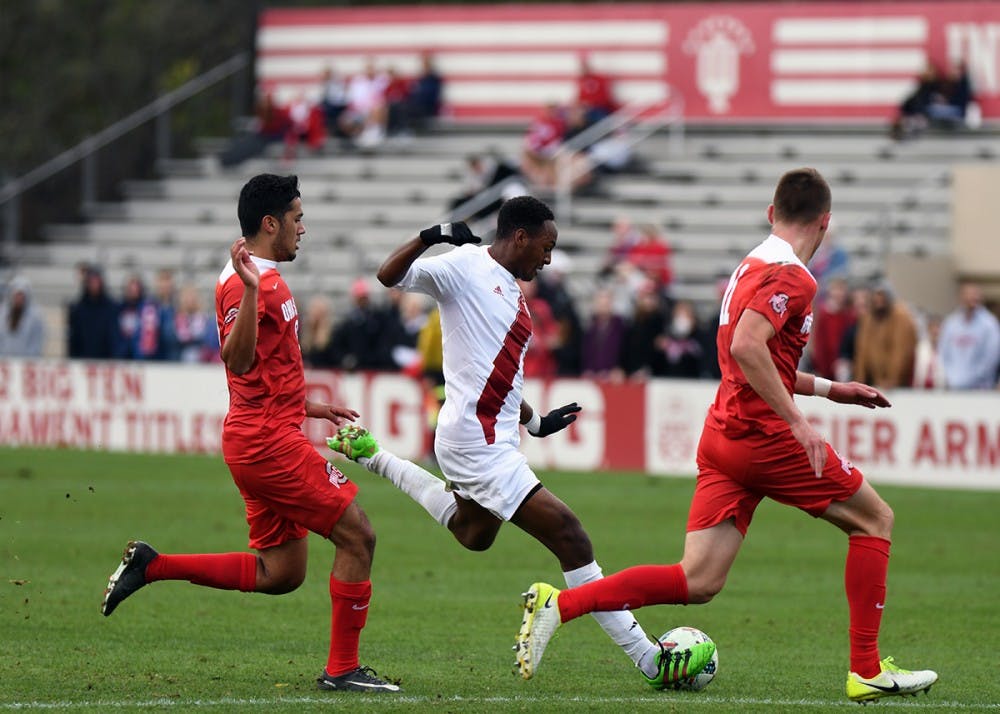 Freshman forward Mason Toye takes a shot against Ohio State on Sunday afternoon at Bill Armstrong Stadium. Toye scored both of IU's goals in its 2-0 win over Ohio State.