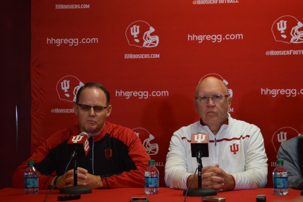 <p>IU Coach Tom Allen (left) and new offensive coordinator and tight ends coach Mike DeBord (right) at a press conference Jan. 7.&nbsp;</p>