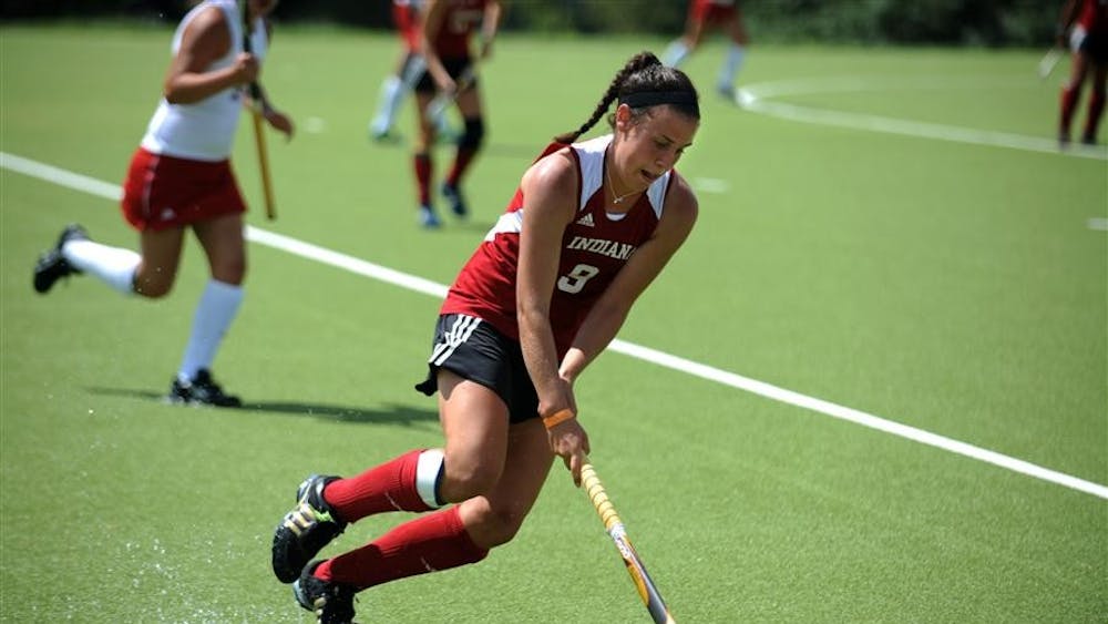 Sophomore Audra Heilman sprints up the sideline Aug. 19 at the Field Hockey Complex.
