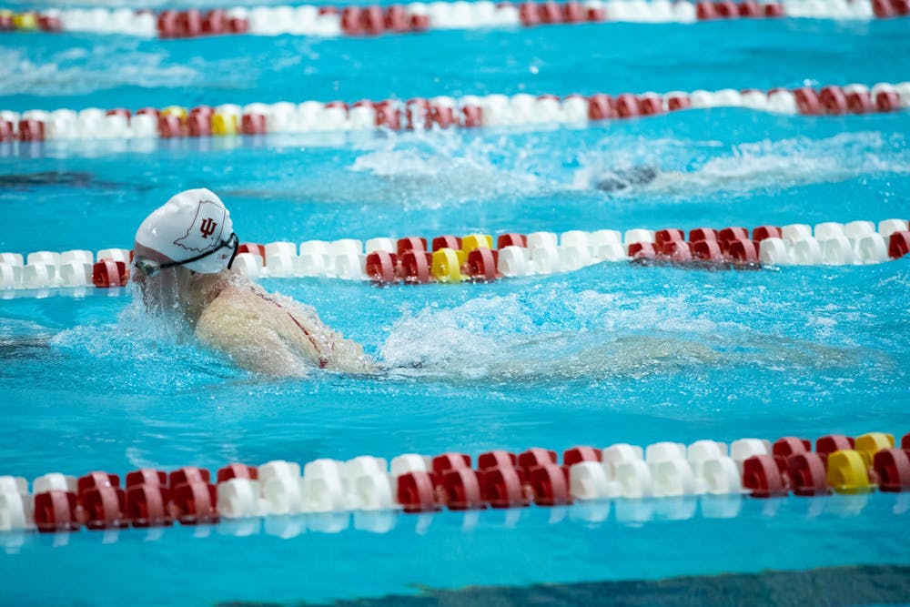 <p>Sophomore Catherine Graham swims in the women&#x27;s 100-yard breaststroke on Jan. 28, 2022, at the Counsilman Billingsley Aquatic Center. She took first in the race. </p>
