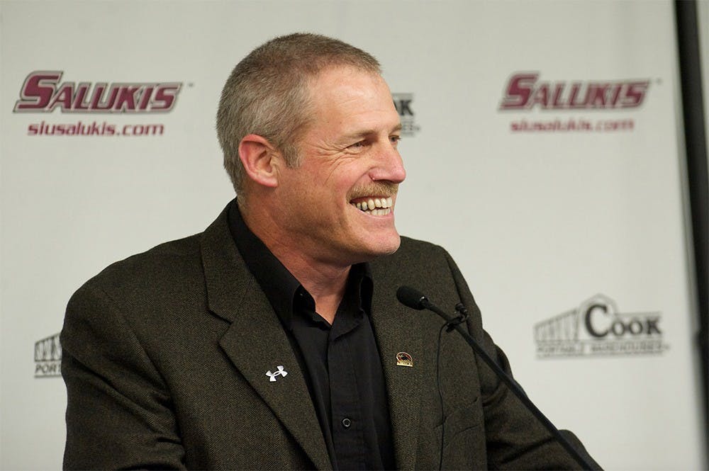 SIU Coach Dale Lennon speaks at a press conference about the upcoming game against IU on Monday. Lennon spoke of what he expects from the game Saturday and how the two teams compare.