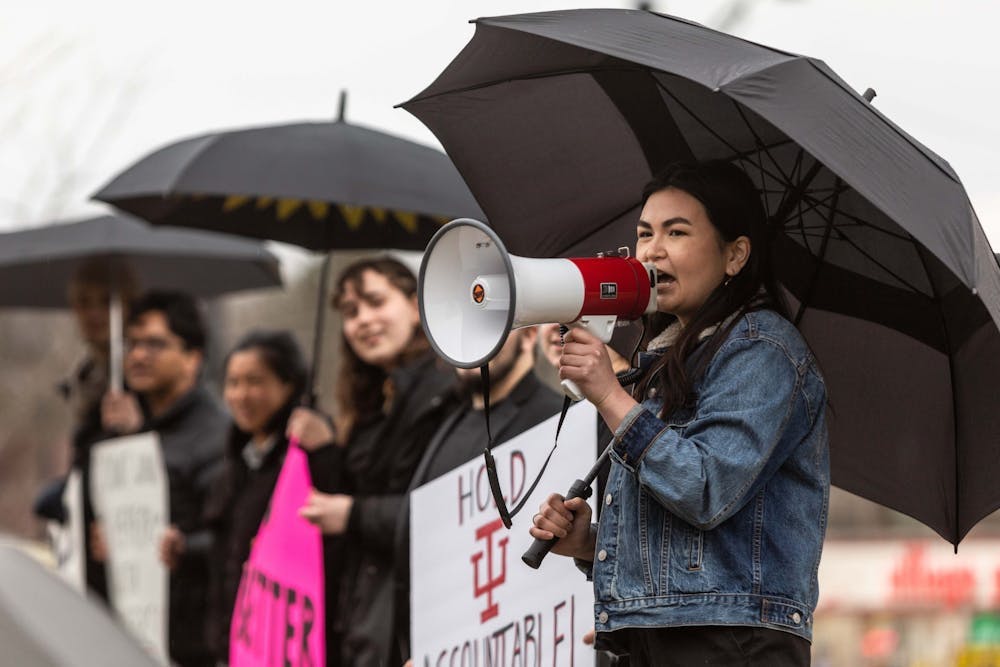 <p>IU alumna Abby Malala speaks to the crowd of demonstrators April 2, 2022, in front of the Jacobs School of Music’s East Studio Building. At Jacobs School of Music, abusers present themselves as allies.</p>