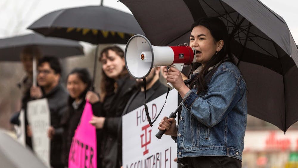 IU alumna Abby Malala speaks to the crowd of demonstrators April 2, 2022, in front of the Jacobs School of Music’s East Studio Building. At Jacobs School of Music, abusers present themselves as allies.