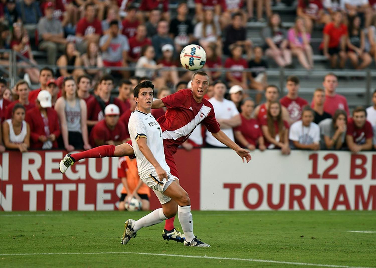 Freshman midfielder Griffin Dorsey looks on after kicking the ball against Notre Dame on Tuesday at Bill Armstrong Stadium. Dorsey has been an impressive part of IU's freshman class this season.&nbsp;
