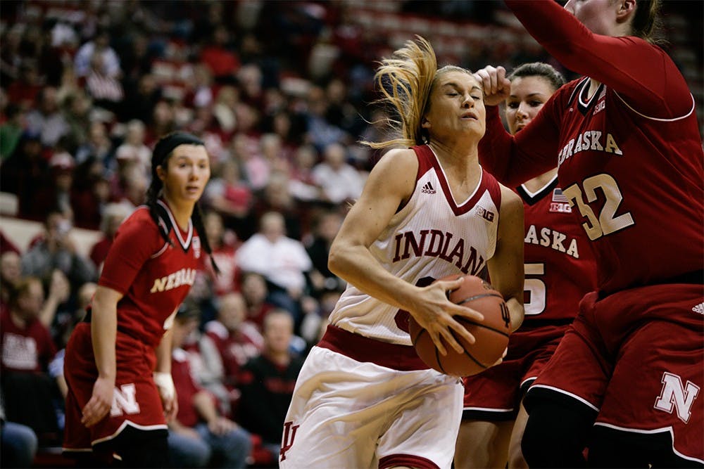 Sophomore gaurd Tyra Buss runs to the basket against Nebraska. Buss was first in scoring, putting up 17 points for the Hoosiers to win 59-47 Sunday at Assembly Hall. 