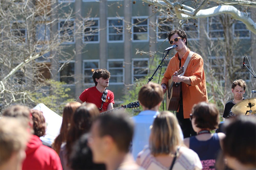 Members of Dietrich Jon, a local band from Bloomington, perform during the Culture Shock Music Festival hosted by WIUX on April 10, 2015.