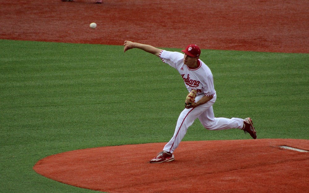 Sophomore starter Jonathan Stiever delivers a pitch in the first inning of his start against the Maryland Terrapins. His outing was shortened because of a lightning delay after three innings.