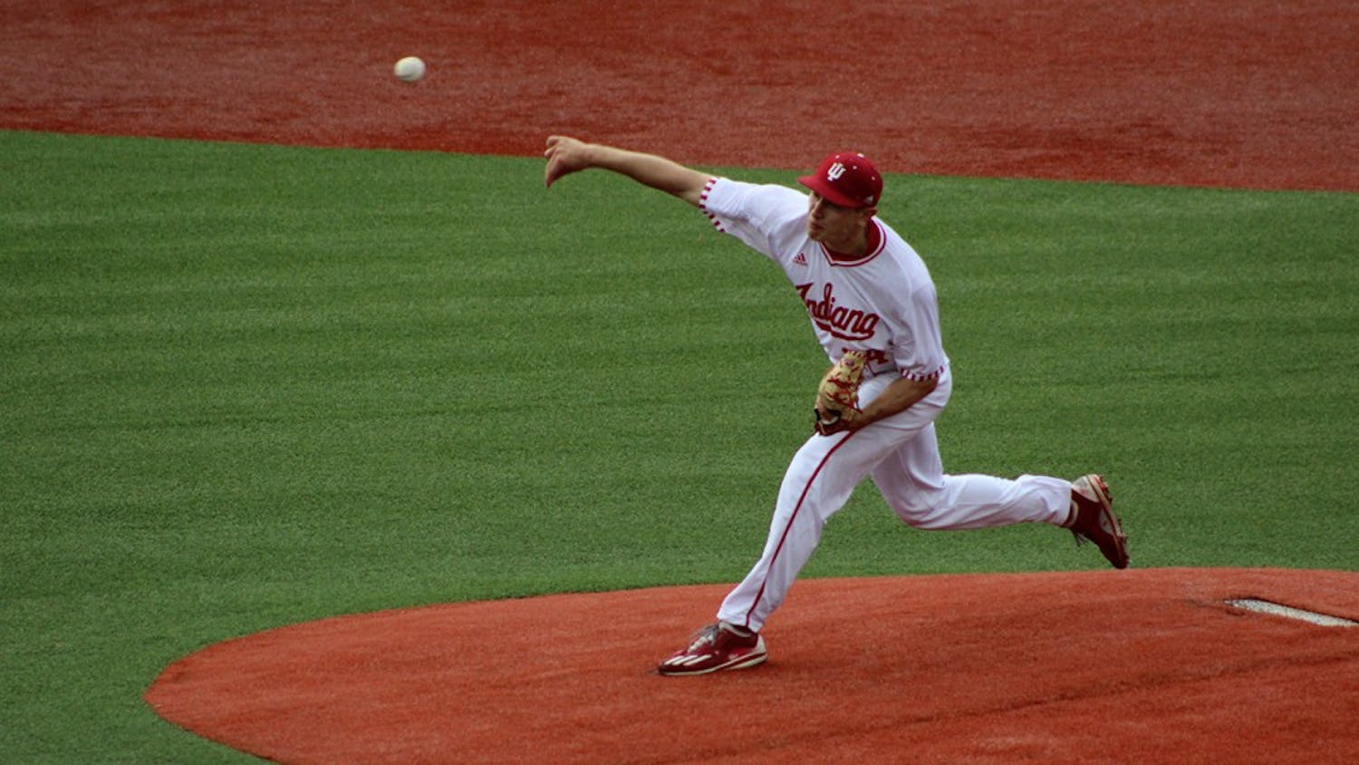 Sophomore starter Jonathan Stiever delivers a pitch in the first inning of his start against the Maryland Terrapins. His outing was shortened because of a lightning delay after three innings.