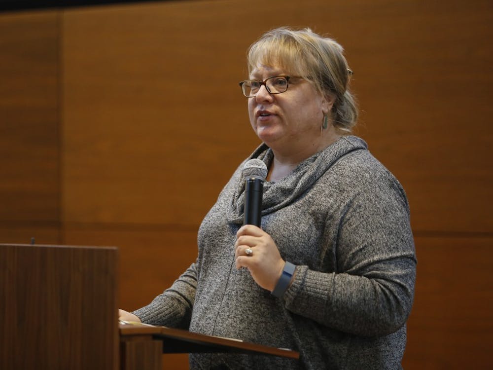 Elizabeth Dunn, associate professor in the School of Global and International Studies, speaks about the danger of scapegoating in terrorist situations, like the one that took place in Paris in 2015, during a teach-in at the School of Global and International Studies. Dunn headed an effort to bring refugees into Bloomington, but those efforts have been put on hold.