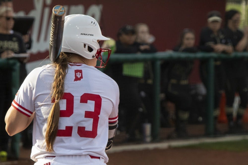 <p>Then-junior outfielder Gabbi Jenkins steps up to the plate April 10, 2019, against Purdue. IU will compete against Miami University at 4 p.m. Tuesday at home. </p>