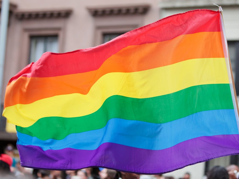 一面象征和庆祝同性恋权利和言论自由的彩虹旗在风中飘扬。