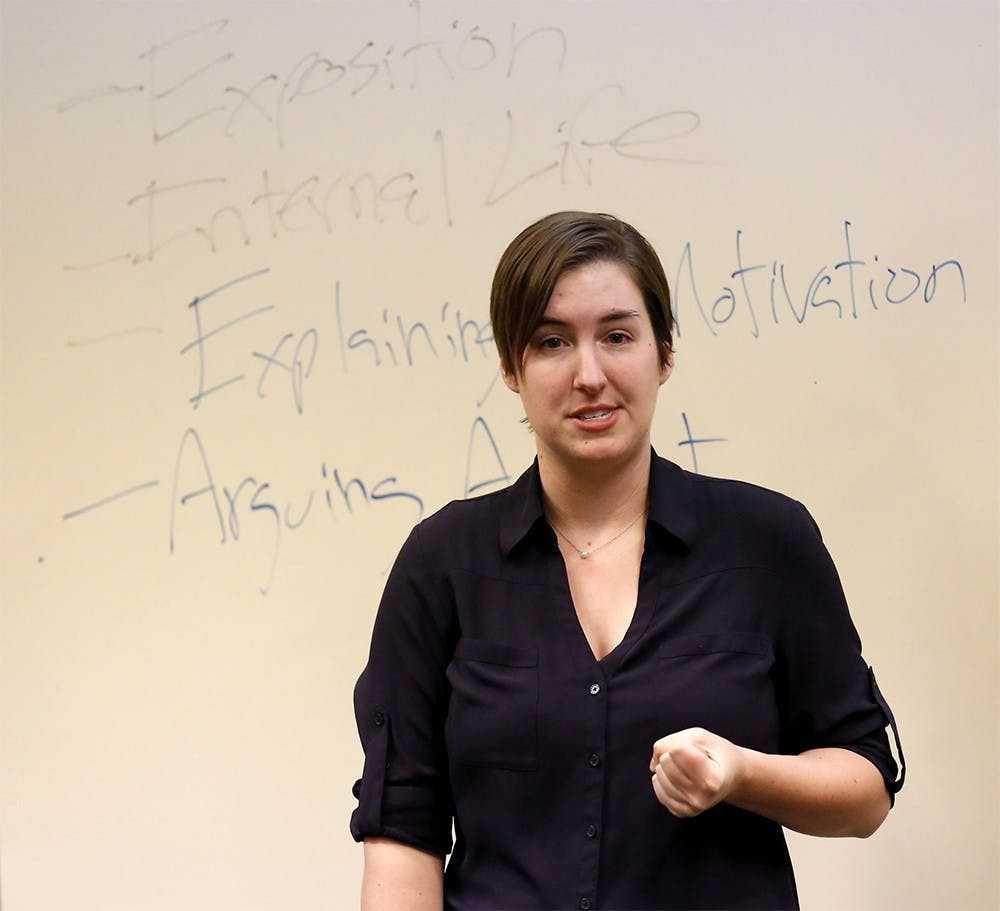 Feminist playwright Iris Dauterman explains about the "Vagina Monologues" Thursday at Sassafrass room in the Indiana Memorial Union. The IU Feminist Student Association is going to host the Vagina Monologues on Feb. 12 - 14. 