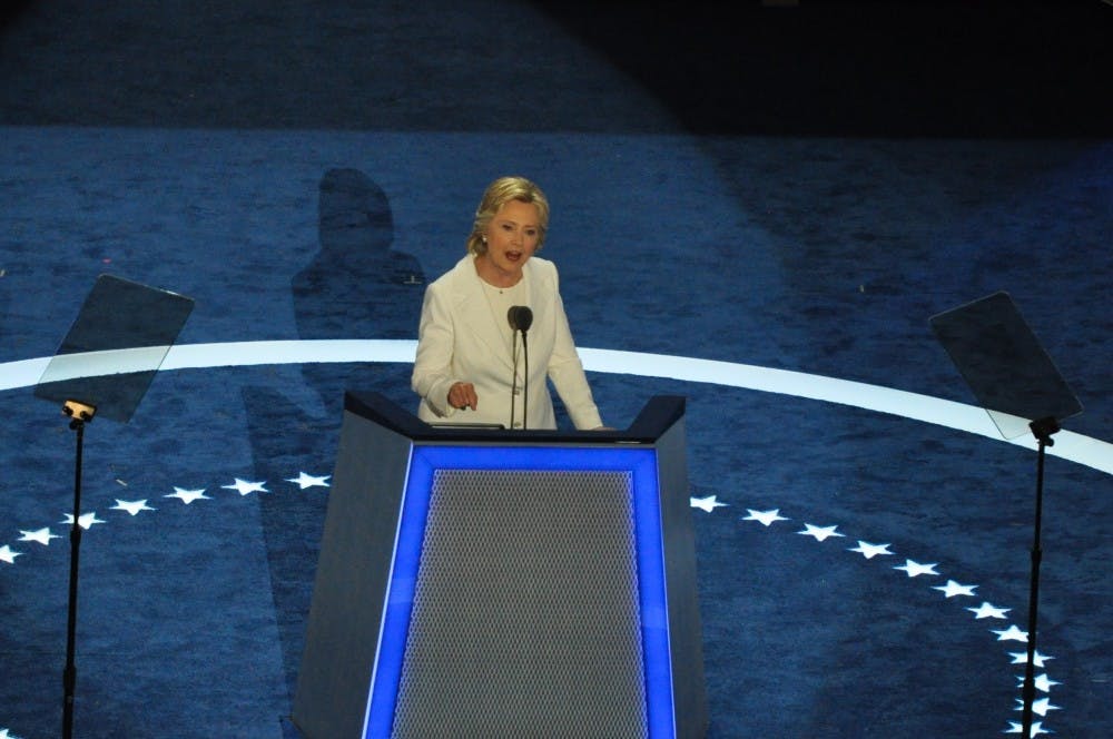 <p>Hillary Clinton addresses the delegates and guests gathered in Philadelphia for the Democratic National Convention in July.&nbsp;</p>